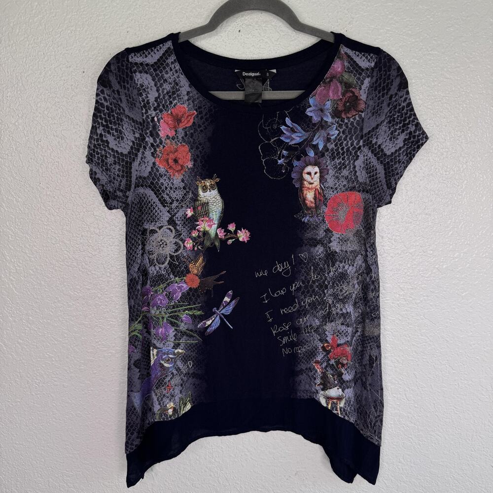Desigual Top Womens Small Owl Dragonfly Snake Print Tunic Shirt Boho Navy Blue